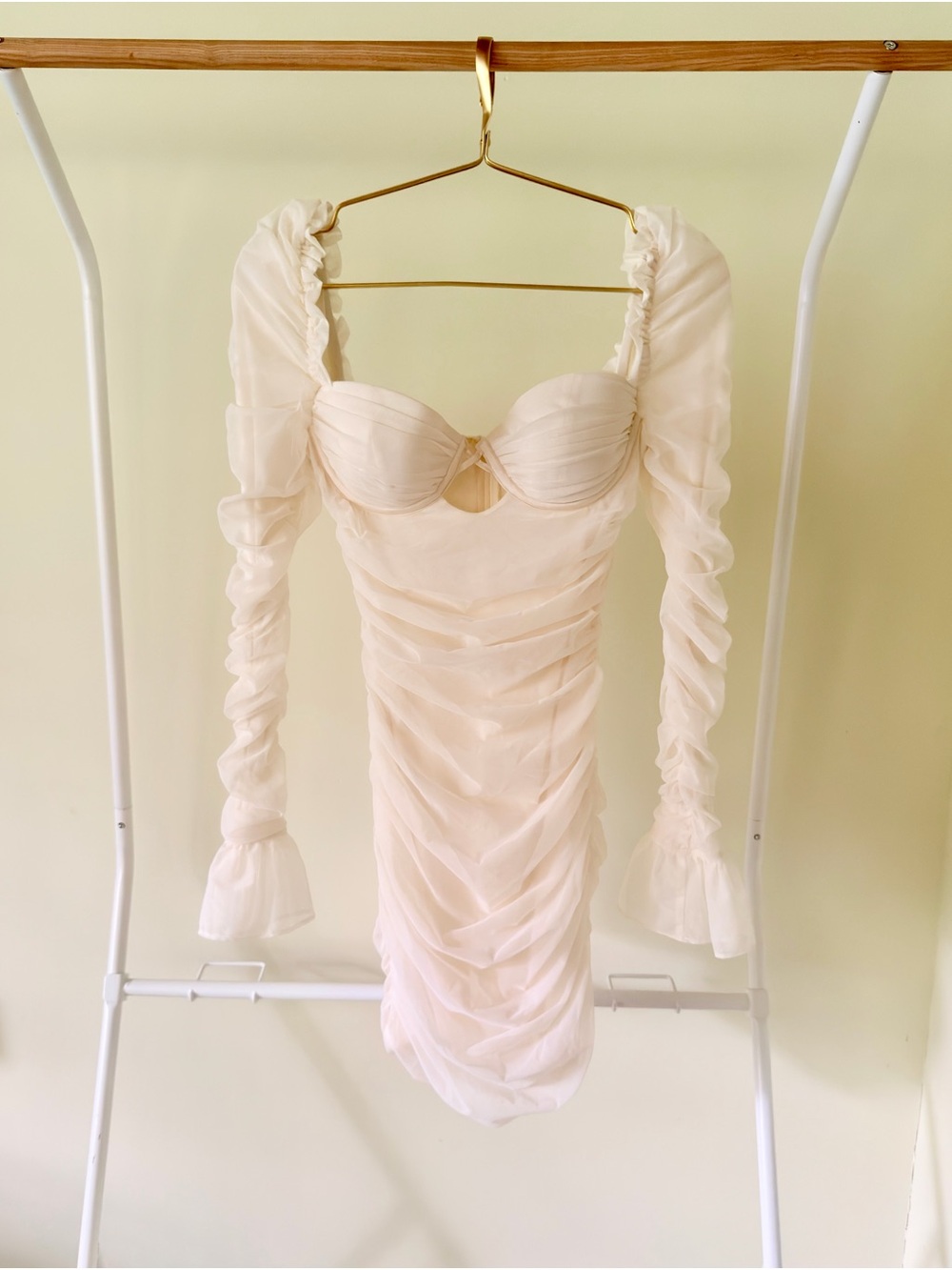 Oh Polly Ruched Sheer Long-Sleeve Mini Dress in Cream